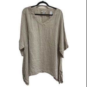JMP Tunic Top Size 1X Linen Tan Pull Over Short Sleeve Lagenlook